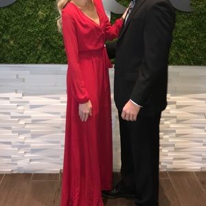 Long red formal dress with long sleeves